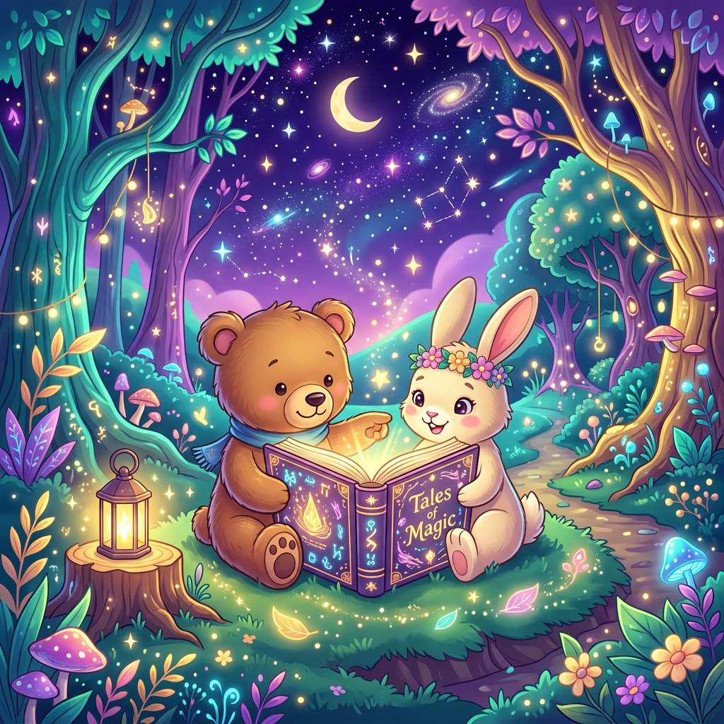 Whimsical children's book illustration showing bear and rabbit reading a magical glowing book